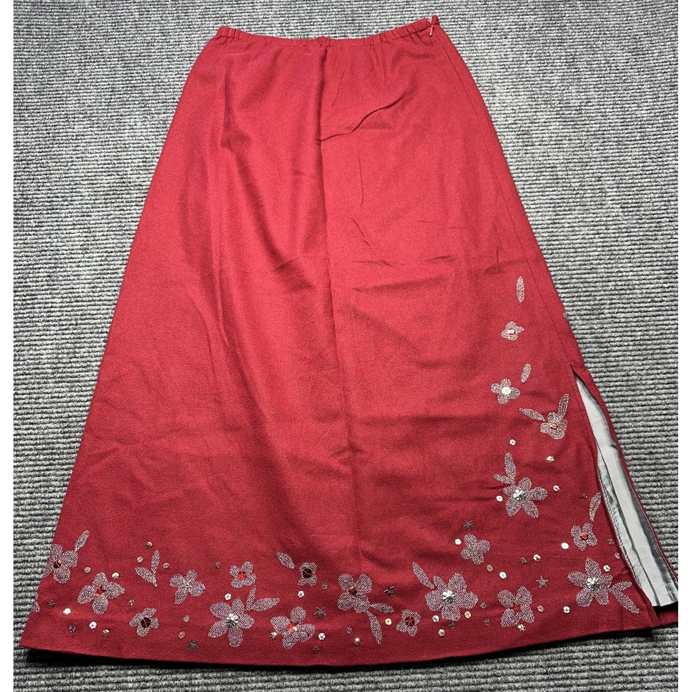 Garnet Hill Skirt‎ Womens 6 Red Wool Blend Embroidered Sequin Floral Lined Midi